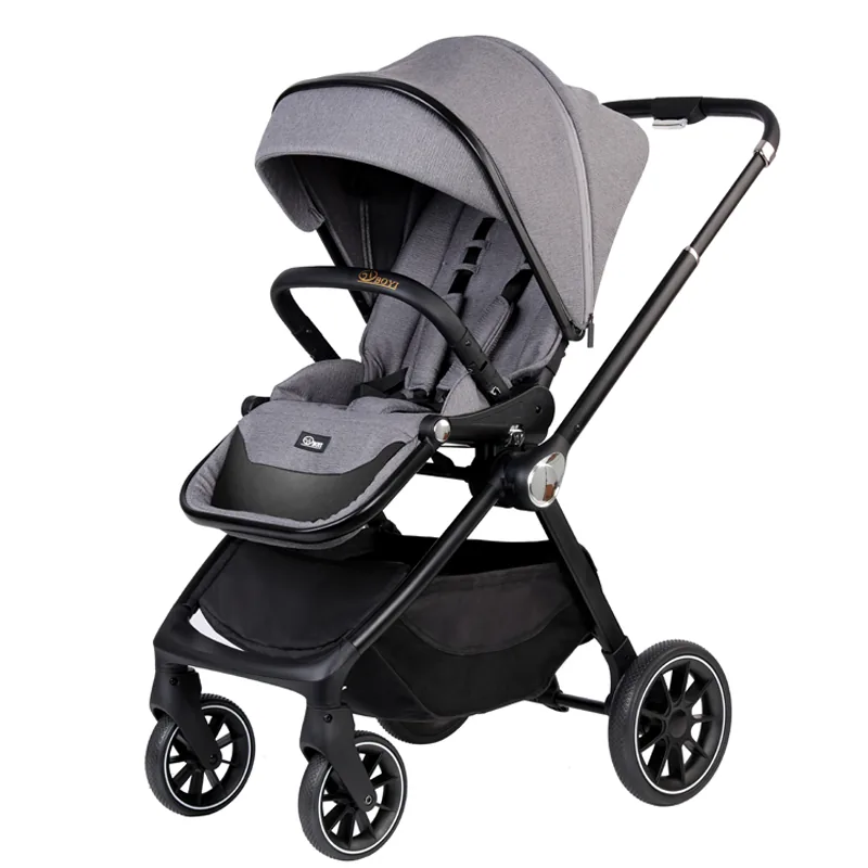 Grey baby stroller travel system on a white background