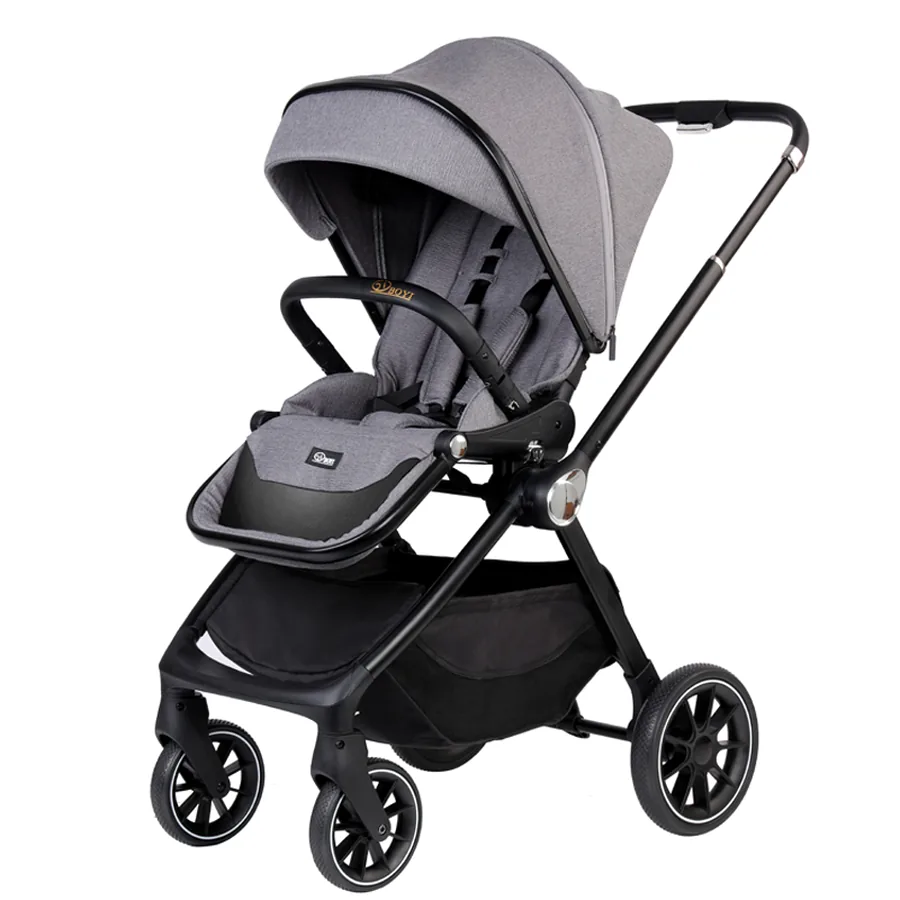Grey baby stroller on a white background