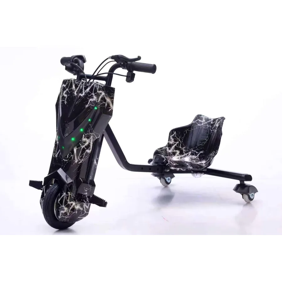 Black electric drift kart on a white background